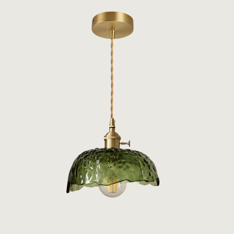 Lampe suspendue en verre vert | Luminaire en laiton ondulé
