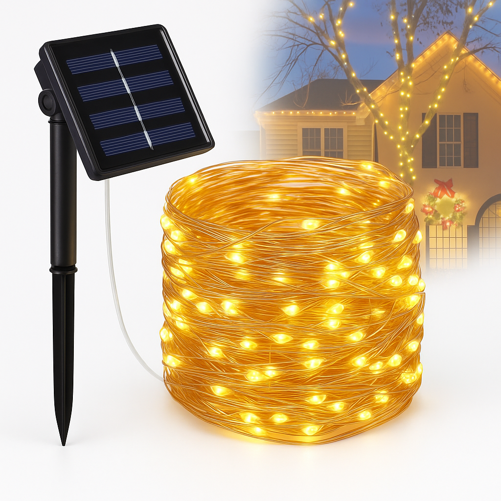 Guirlandes lumineuses solaires à fil LED – Décorations de Noël extérieures imperméables