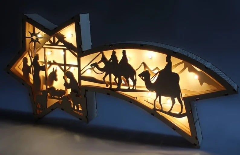 Décorations de Noël LED en bois Crèche de Noël Lampe de bureau en forme d'étoile