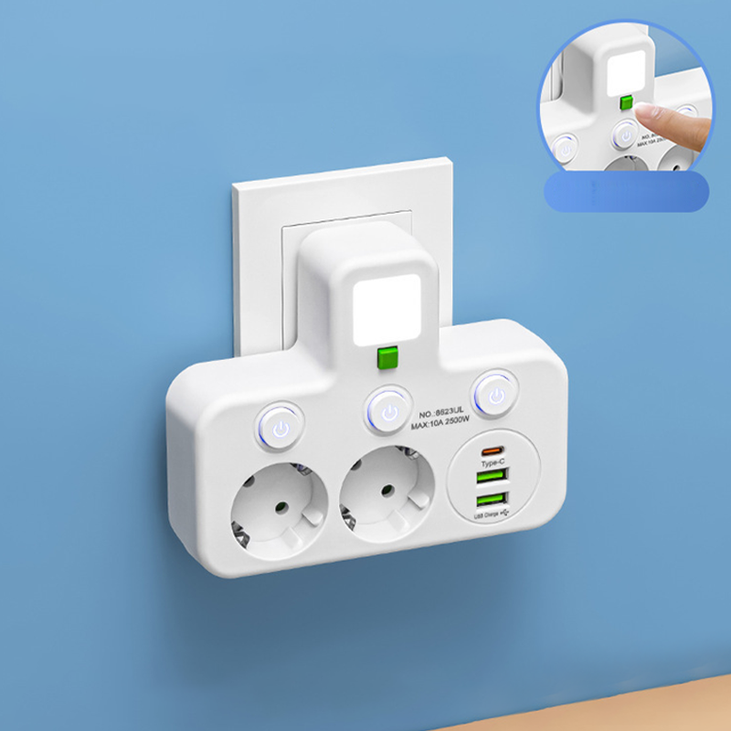 Multiprise avec ports USB, interrupteurs individuels et veilleuse