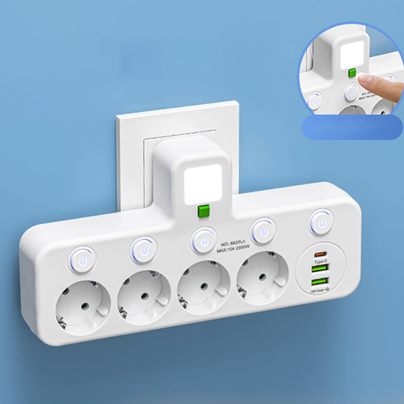 Multiprise avec ports USB, interrupteurs individuels et veilleuse
