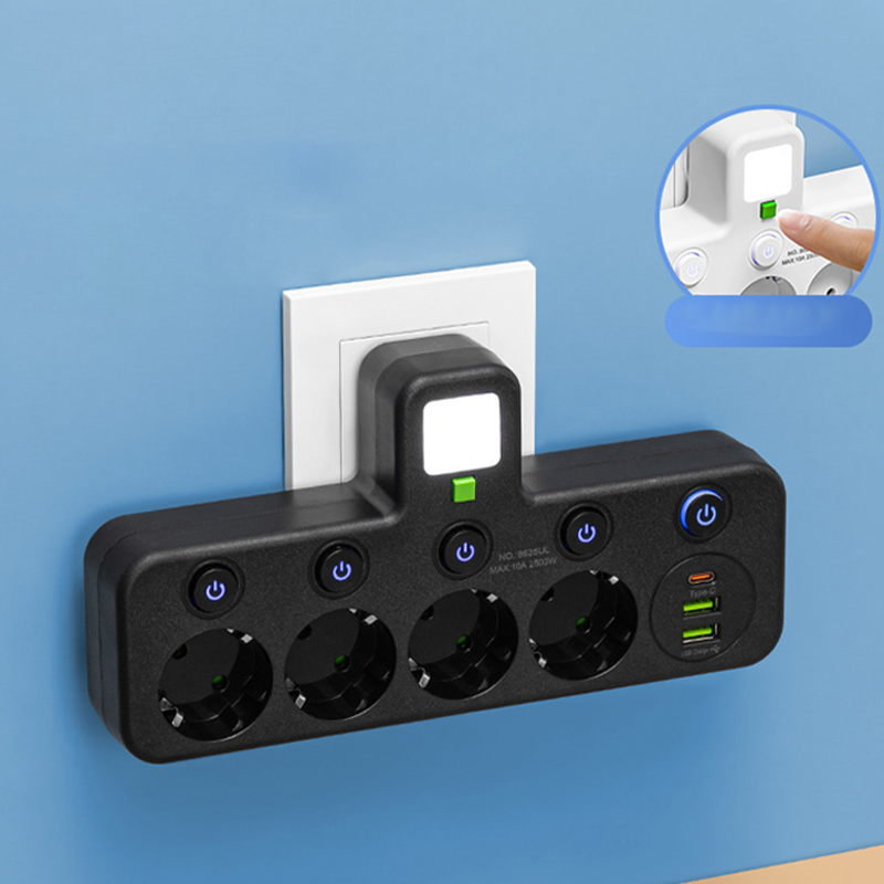 Multiprise avec ports USB, interrupteurs individuels et veilleuse