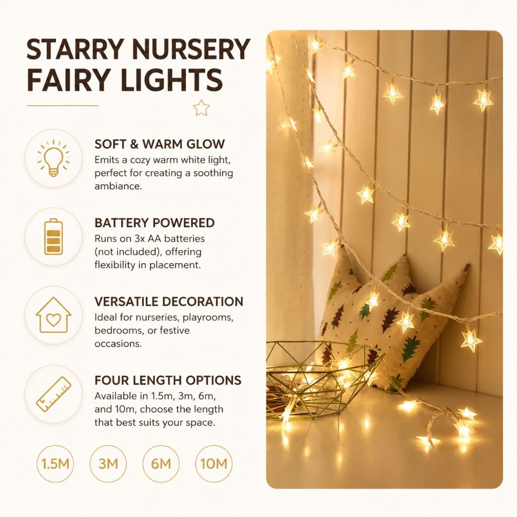 Guirlande lumineuse féerique à piles, blanc chaud, LED, pour chambre d'enfant, chambre de bébé, lumière d'ambiance, décoration, veilleuse avec étoiles | Sansotis