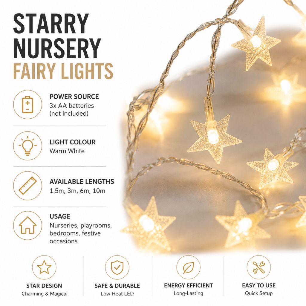 Guirlande lumineuse féerique à piles, blanc chaud, LED, pour chambre d'enfant, chambre de bébé, lumière d'ambiance, décoration, veilleuse avec étoiles | Sansotis