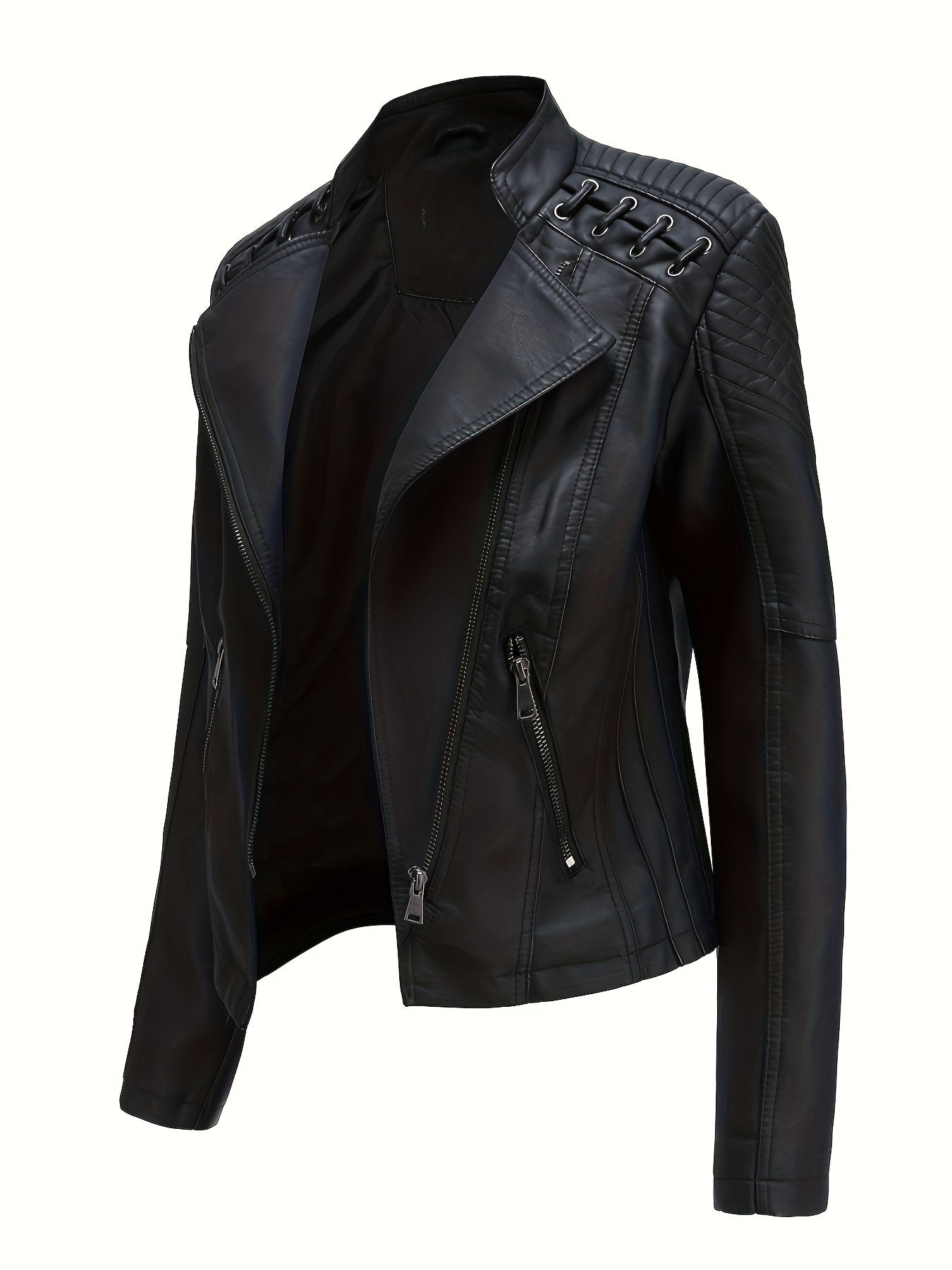Veste de moto Edgy pour femmes avec épaules cloutées et fermeture éclair asymétrique
