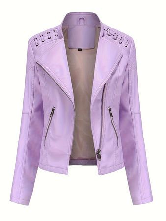 Veste de moto au style rebelle pour femmes avec épaules cloutées, col asymétrique et fermeture éclair sur le côté