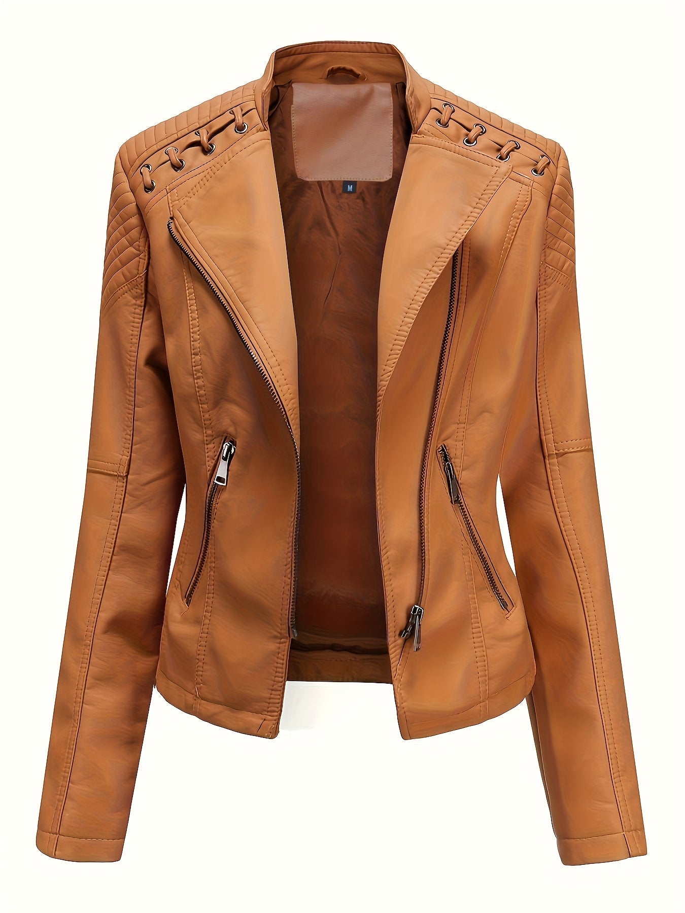 Veste de moto Edgy pour femmes avec épaules cloutées et fermeture éclair asymétrique