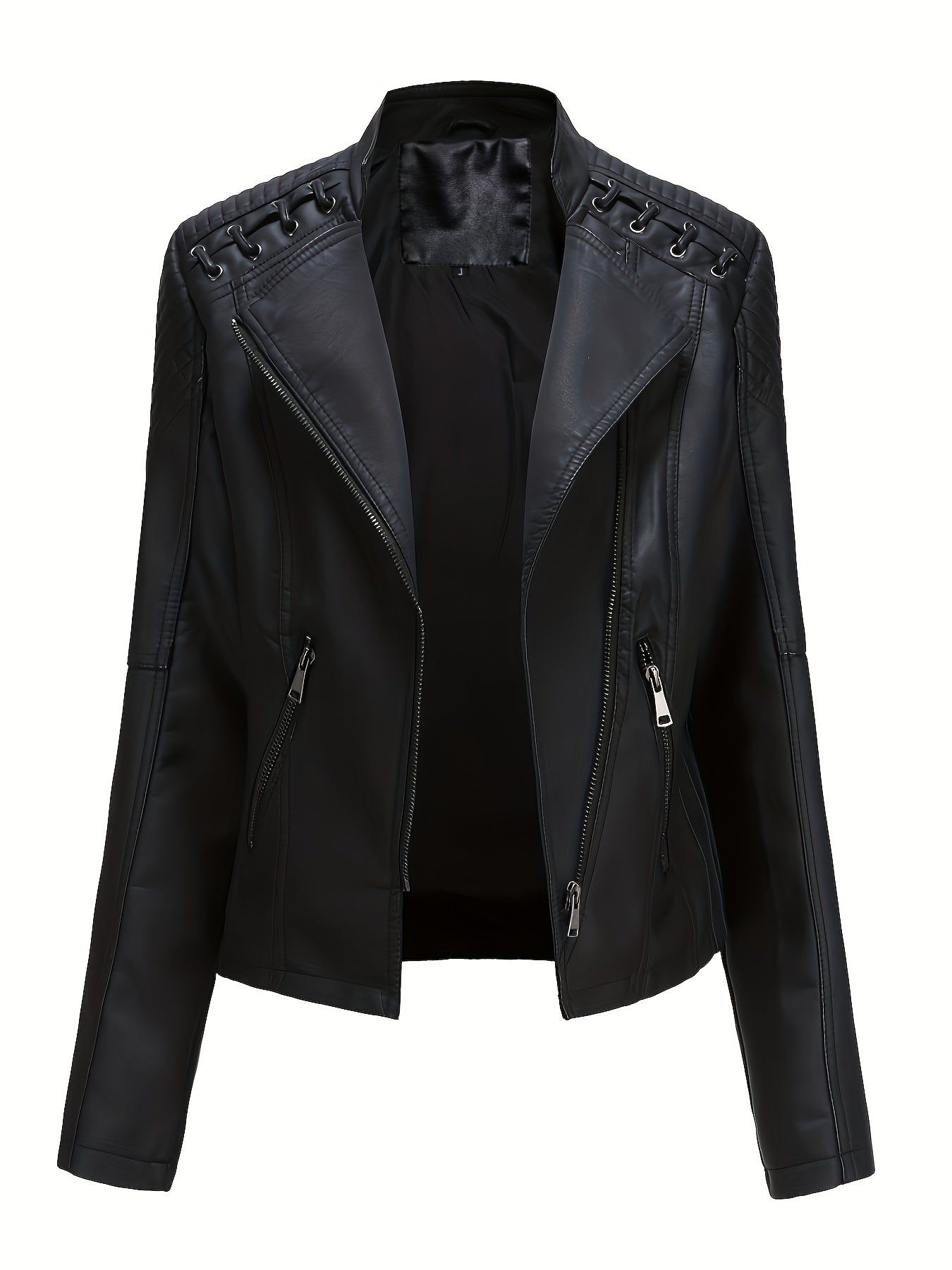 Veste de moto Edgy pour femmes avec épaules cloutées et fermeture éclair asymétrique