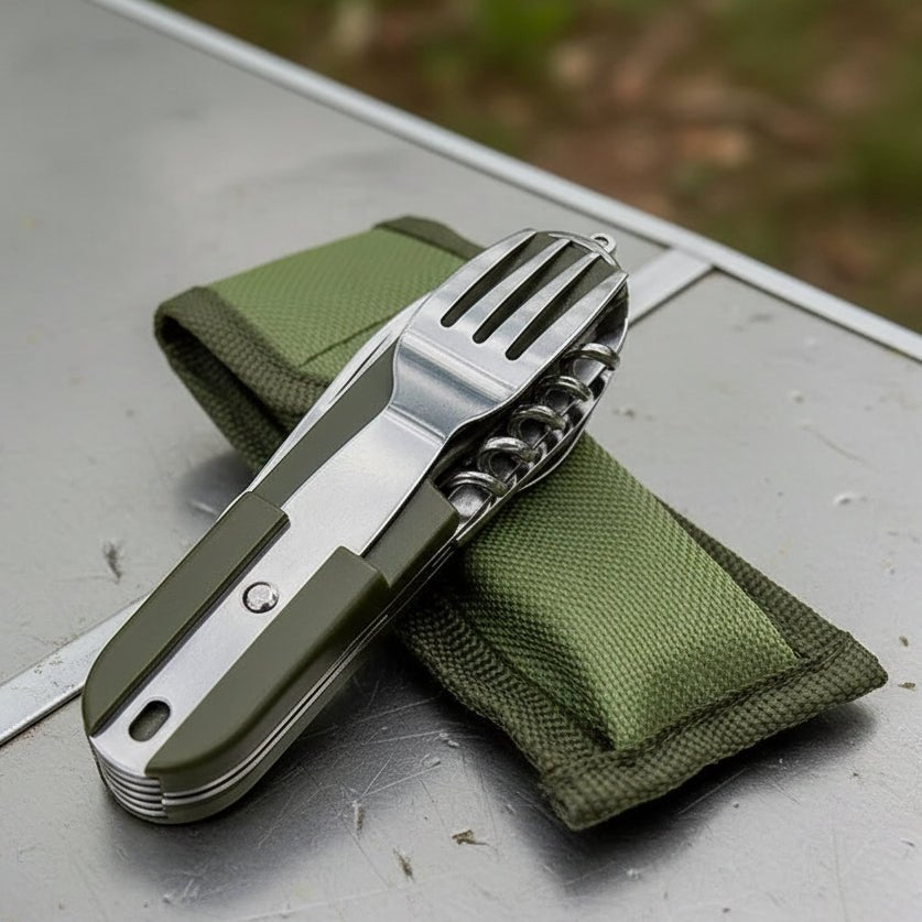 Ensemble d'ustensiles de plein air en acier inoxydable 7-en-1, à design pliable et compact