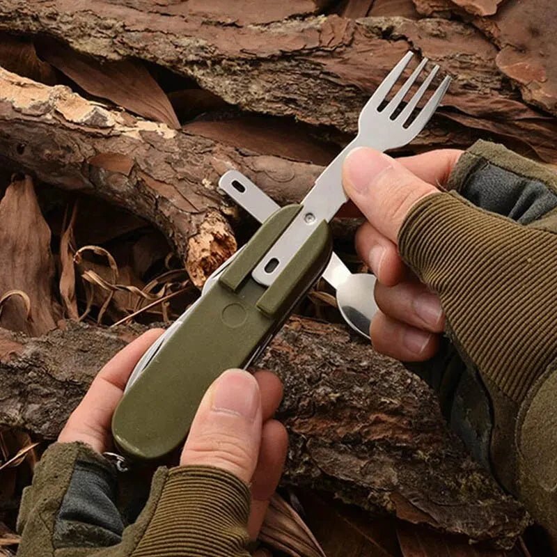 Ensemble d'ustensiles de plein air en acier inoxydable 7-en-1, à design pliable et compact