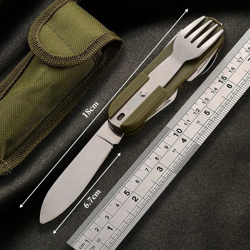 Ensemble d'ustensiles de plein air en acier inoxydable 7-en-1, à design pliable et compact