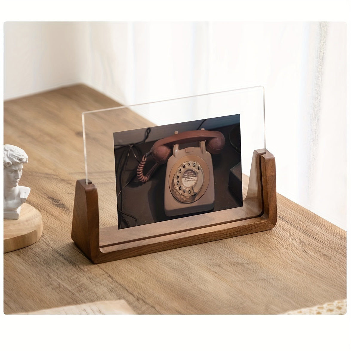 Cadre photo en acrylique en forme de U – Base en bois – Présentoir photo moderne