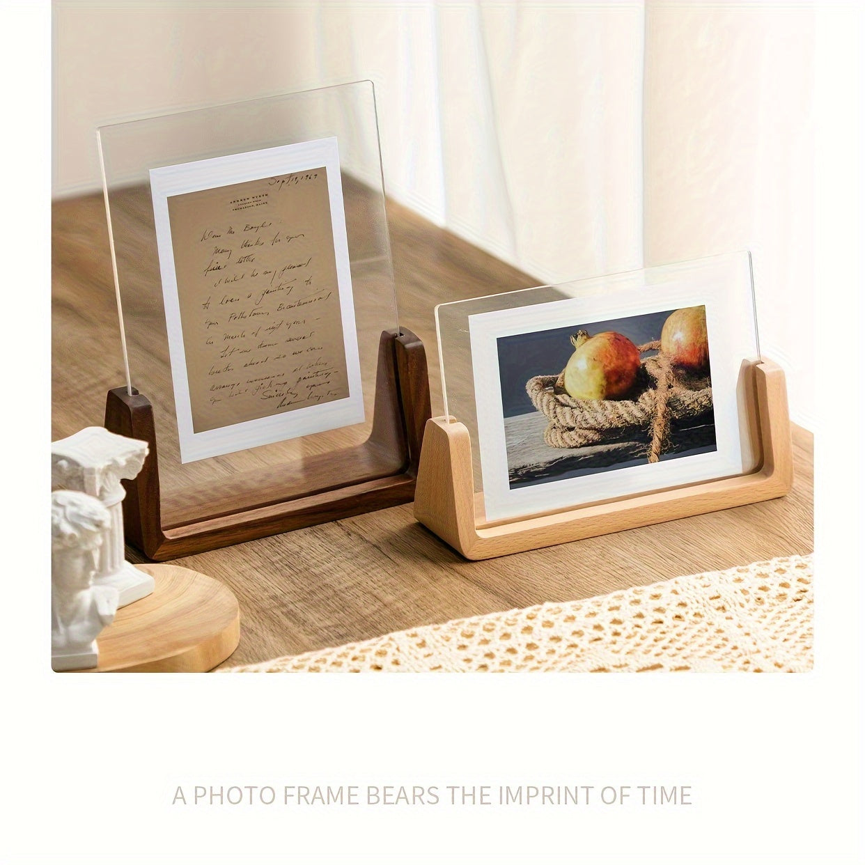 Cadre photo en acrylique en forme de U – Base en bois – Présentoir photo moderne