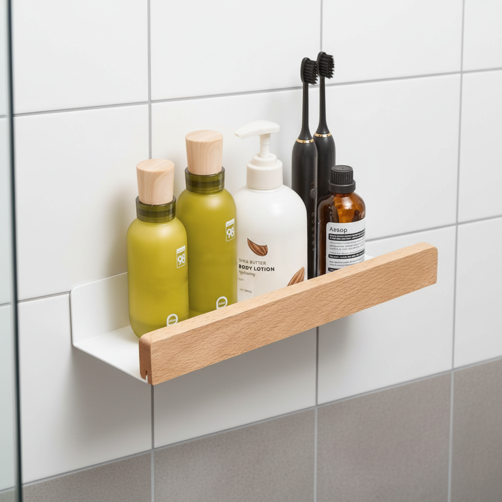 Étagère murale de salle de bain en bois autocollante unisexe