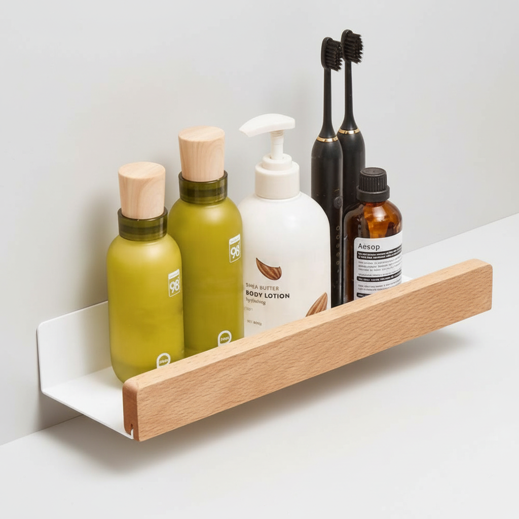 Étagère murale de salle de bain en bois autocollante unisexe