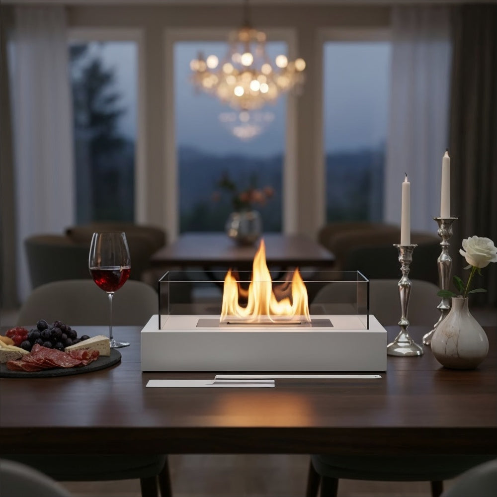 Cheminée de table rectangulaire premium au bioéthanol - verre borosilicate et acier de haute qualité