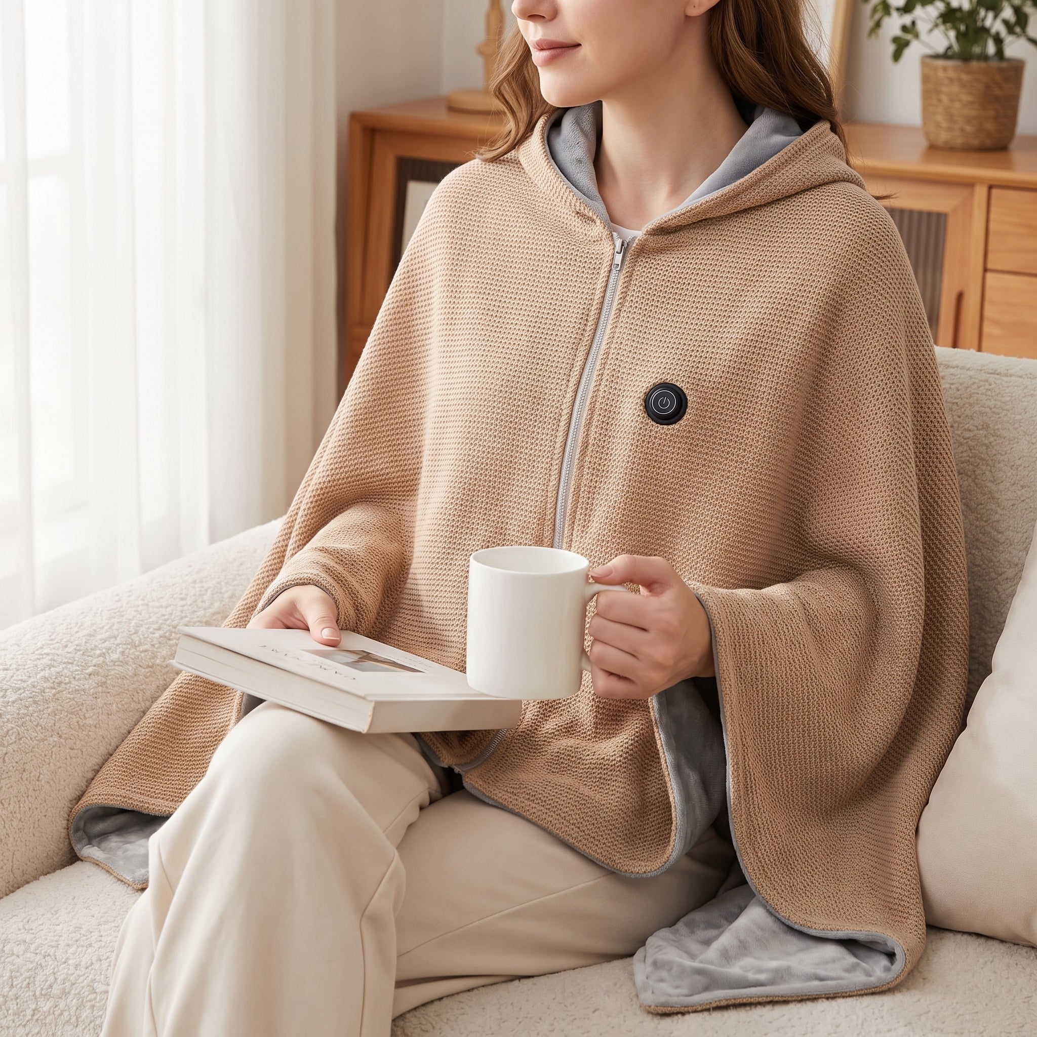 Couverture chauffante portable avec silhouette décontractée de soutien et poncho à capuche zippé sur le devant