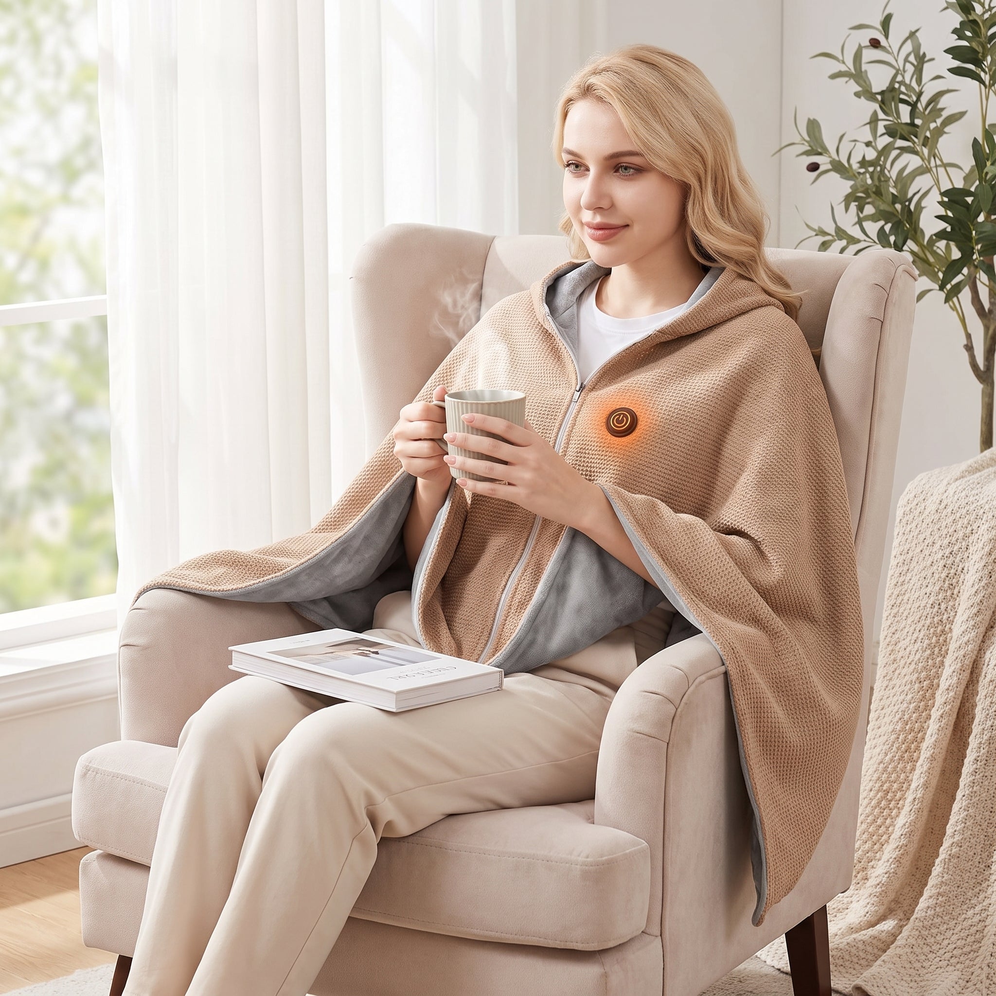 Couverture chauffante portable avec silhouette décontractée de soutien et poncho à capuche zippé sur le devant