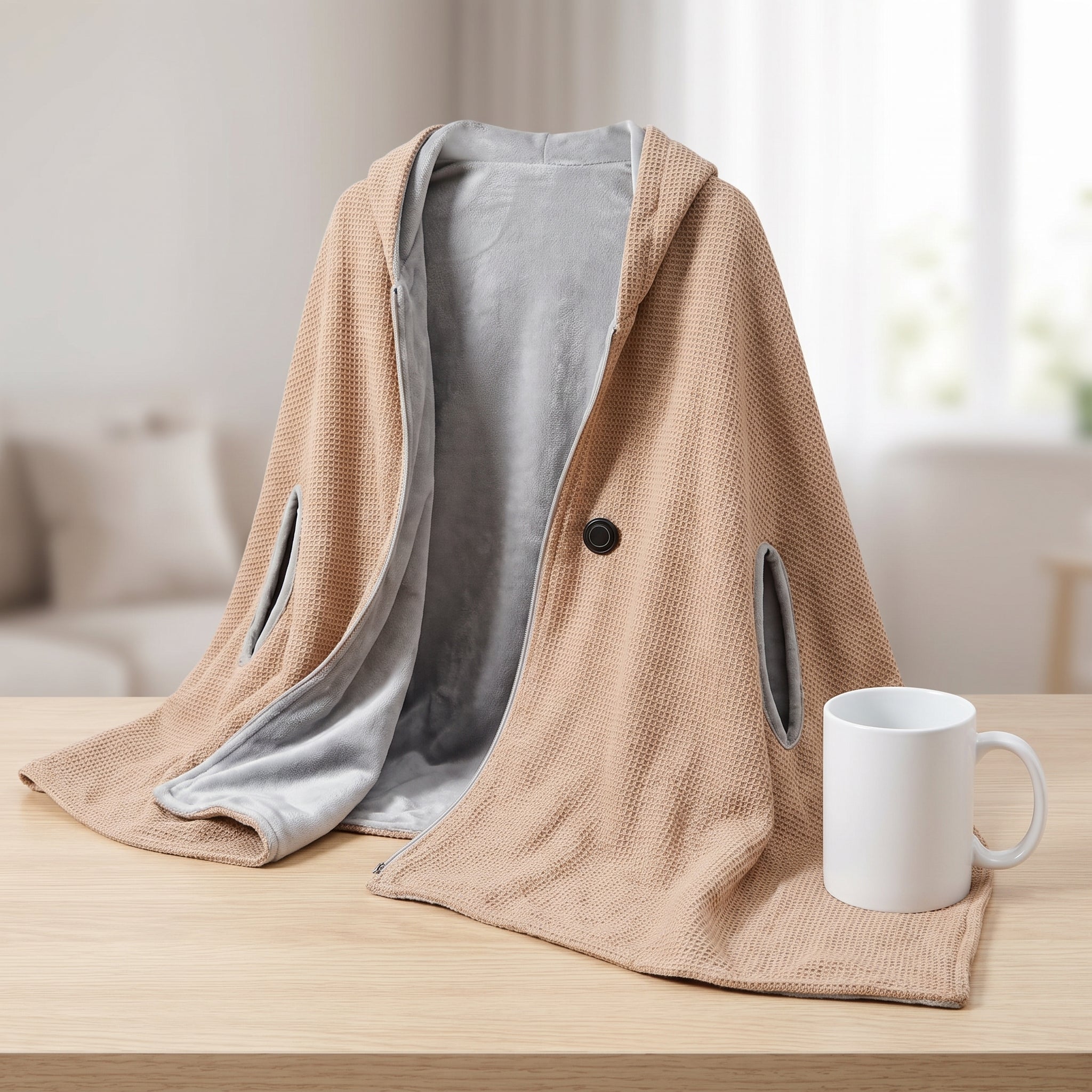 Couverture chauffante portable avec silhouette décontractée de soutien et poncho à capuche zippé sur le devant