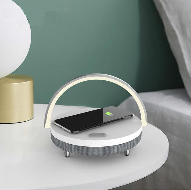 Lampe de Bureau LED avec Haut-Parleur Bluetooth et Chargeur Sans Fil - Bluetooth 5.0 - Chargement Qi 10W - Blanc