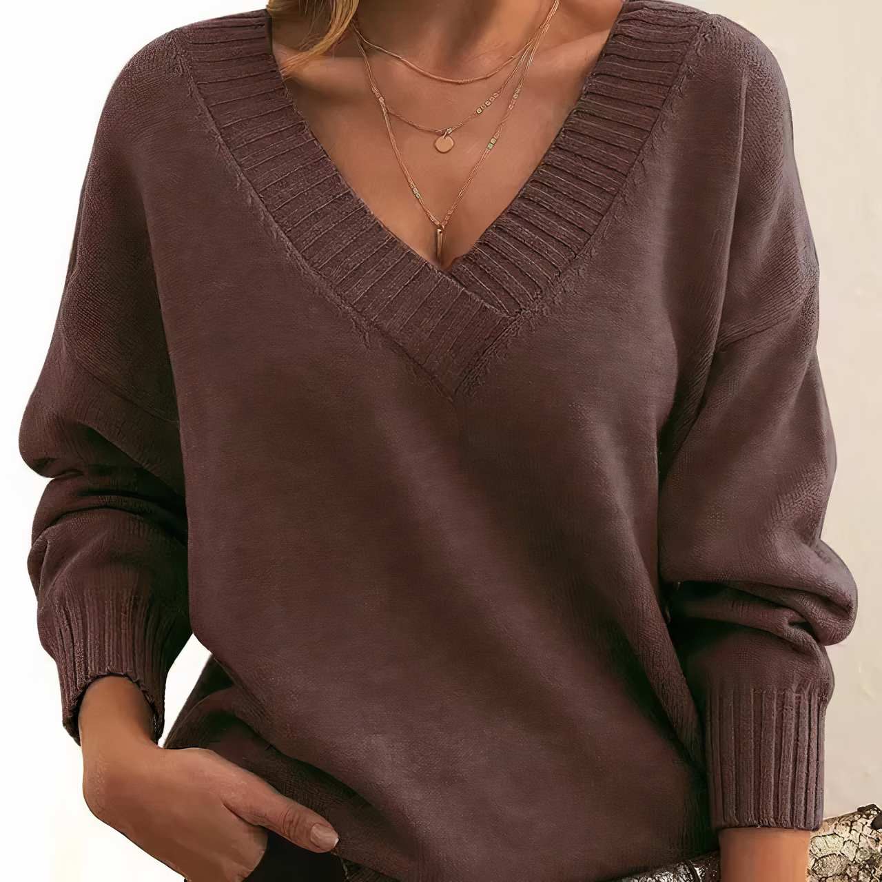Pull femme col en V côtelé manches longues coupe décontractée décontracté tous les jours