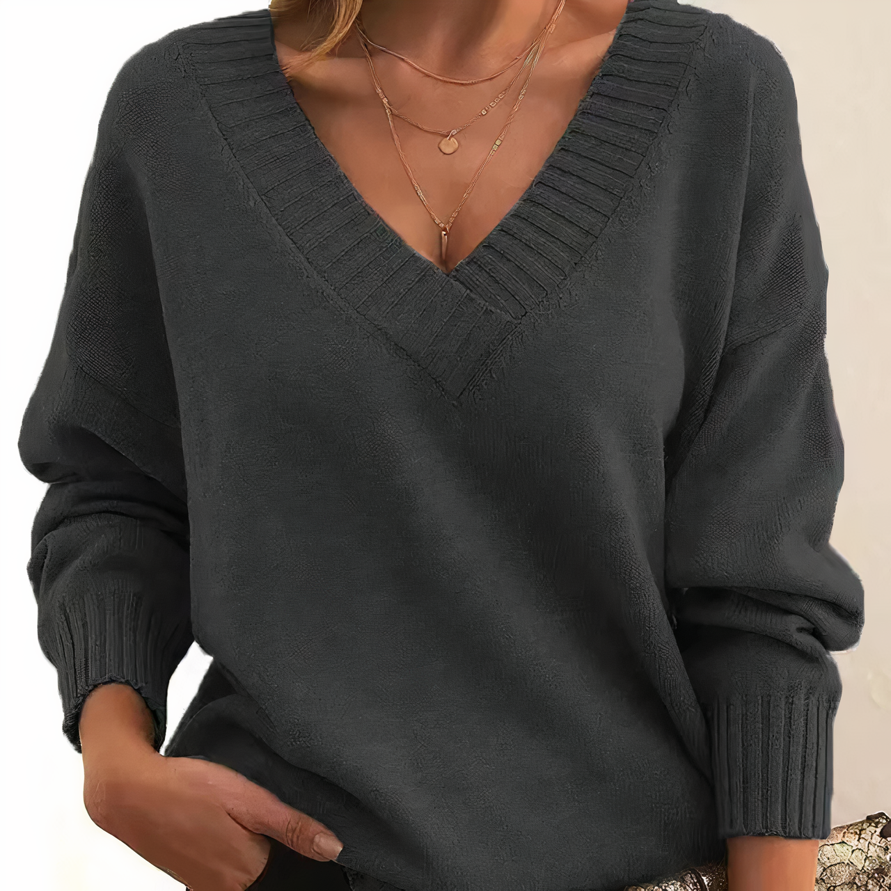 Pull femme col en V côtelé manches longues coupe décontractée décontracté tous les jours