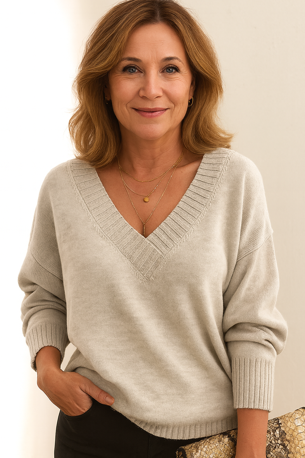 Pull femme col en V côtelé manches longues coupe décontractée décontracté tous les jours