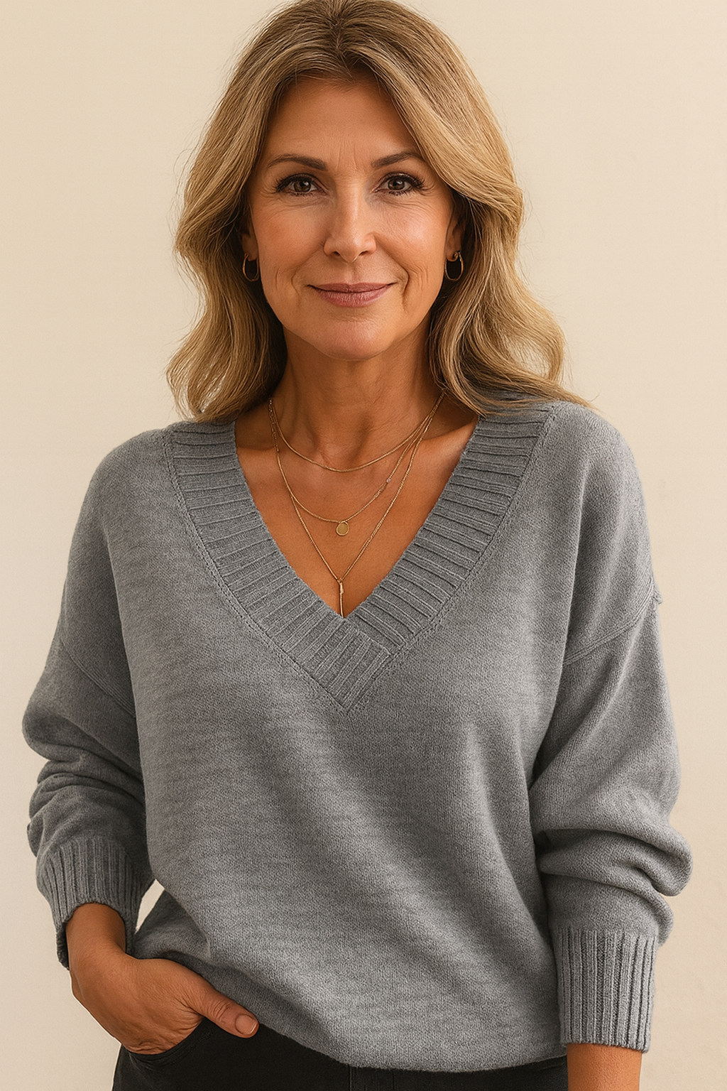 Pull femme col en V côtelé manches longues coupe décontractée décontracté tous les jours