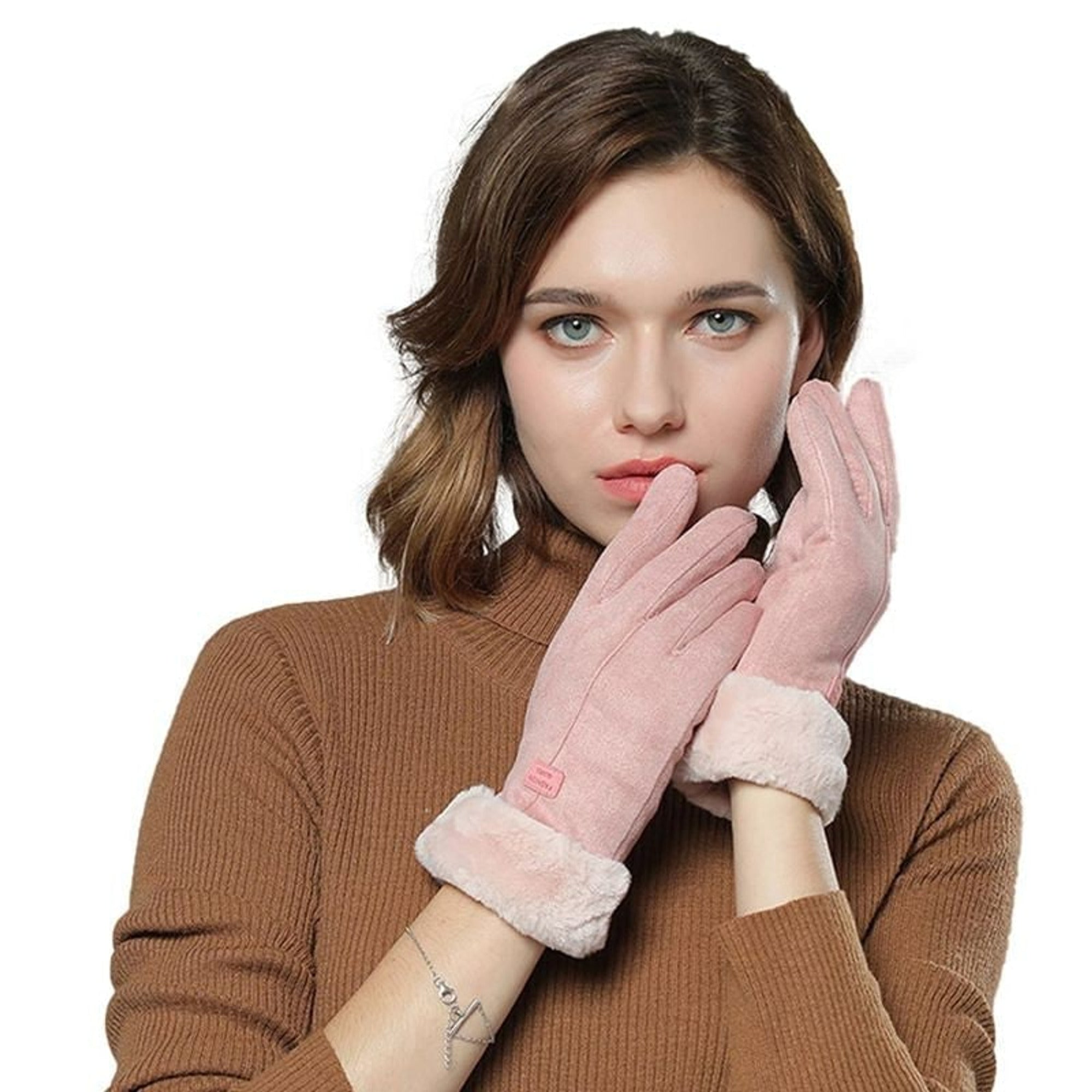 Gants chauffants pour femmes avec poignets en fausse fourrure à chauffage électrique USB et doublure en polaire épaisse